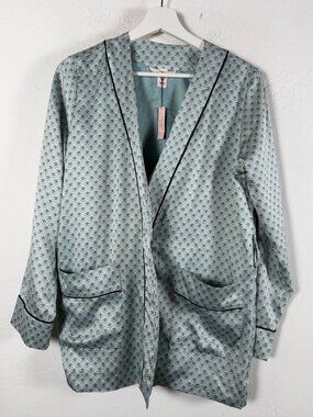 Victoria's Secret Satin Robe Sage Green Geometric Print Loungewear Wrap XS NWT